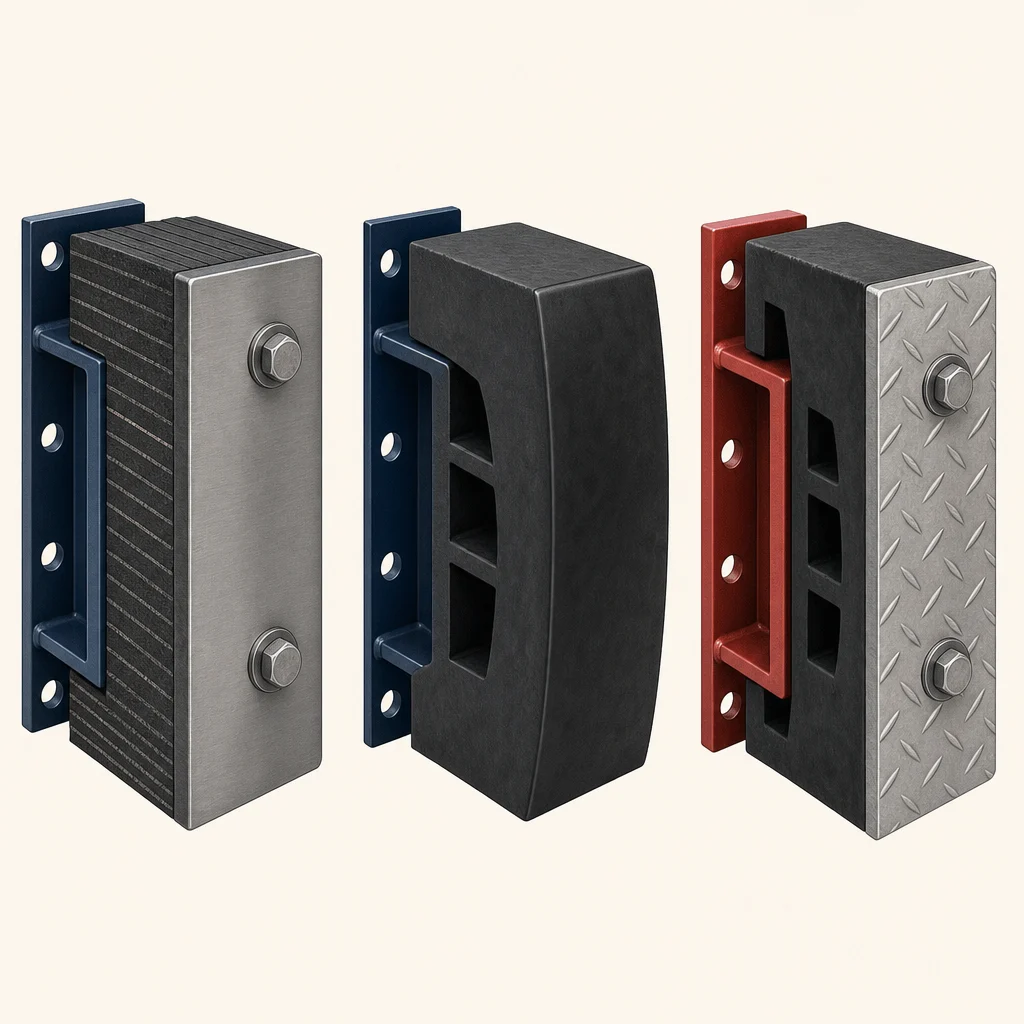 Editorial comparison illustration of laminated, molded, and steel-faced molded commercial dock bumpers